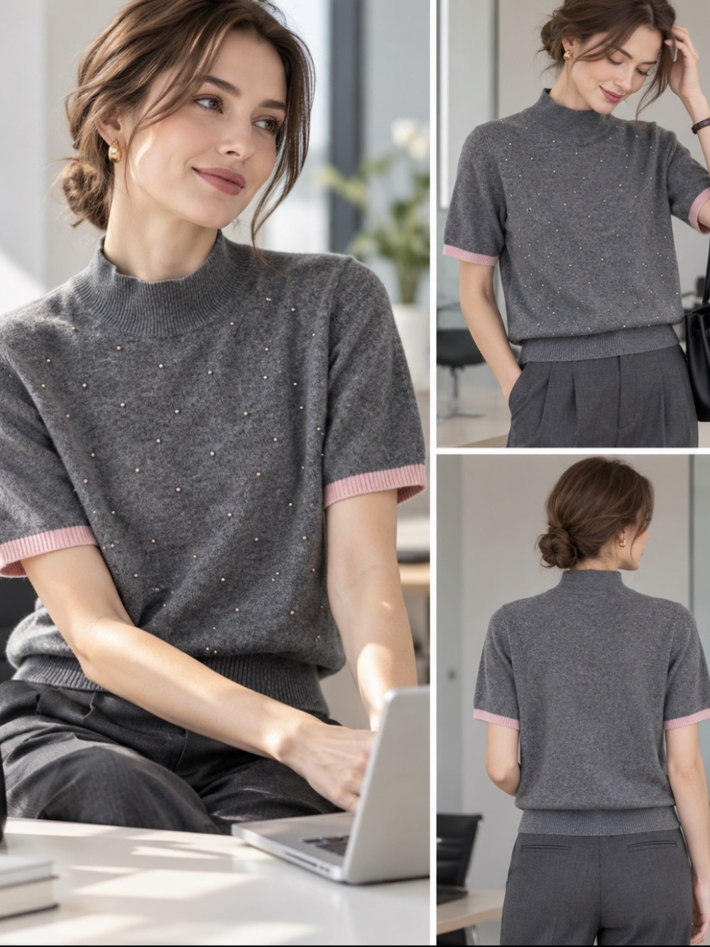 💯 cashmere Women's Short-Sleeve Mock Neck Sweater in Gray with Pink Trim